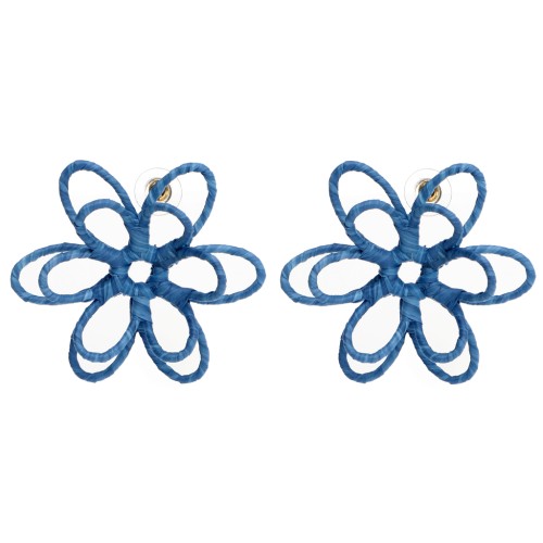 Wire Flower Earrings - 3D Design - 52 mm, made of raffia - Blue (2 pairs)