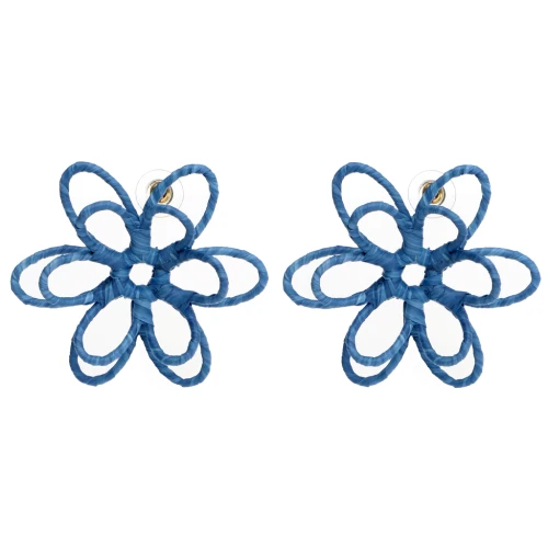 Wire Flower Earrings - 3D Design - 52 mm, made of raffia - Blue x2