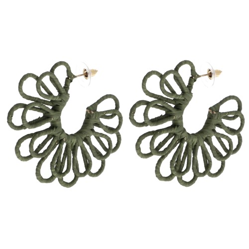 Wire flower hoop earrings—3D design—57 mm in raffia—Khaki (2 pairs)