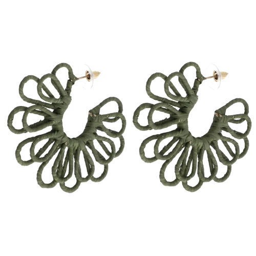 Wire Flower Hoop Earrings - 3D Design - 57 mm in Raffia - Khaki x2
