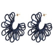 Wire flower hoop earrings—3D design—57 mm in raffia—Midnight blue (set of 2)