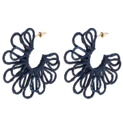 Wire flower hoop earrings—3D design—57 mm in raffia—Midnight blue (set of 2)