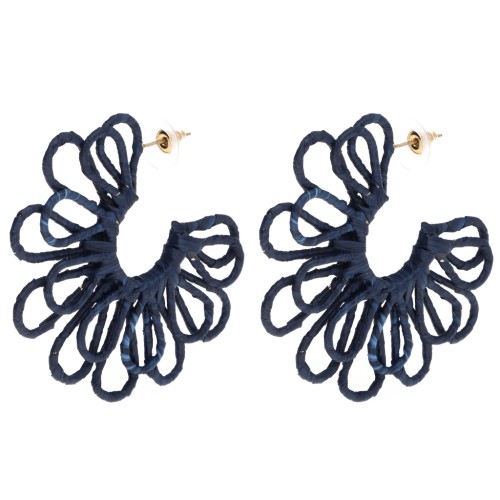 Wire flower hoop earrings—3D design—57 mm in raffia—Midnight blue (set of 2)
