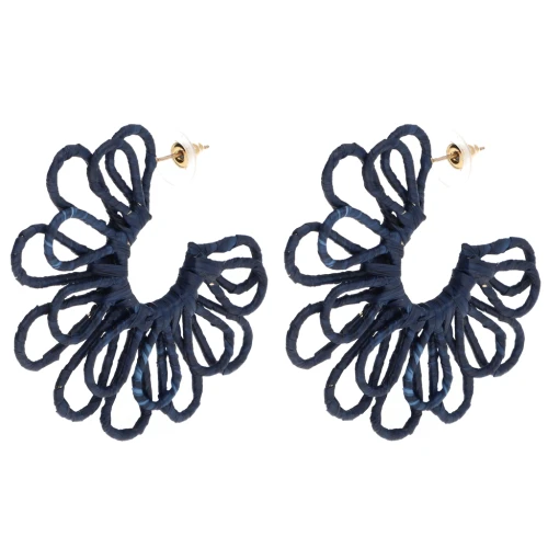 Wire Flower Hoop Earrings - 3D Design - 57 mm in Raffia - Midnight Blue x2