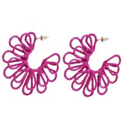 Wire flower hoop earrings - 3D design - 57 mm in raffia - Fuchsia x2