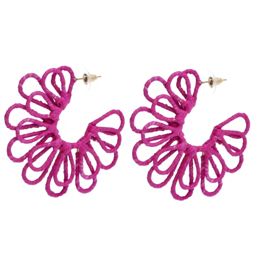 Wire flower hoop earrings - 3D design - 57 mm in raffia - Fuchsia x2