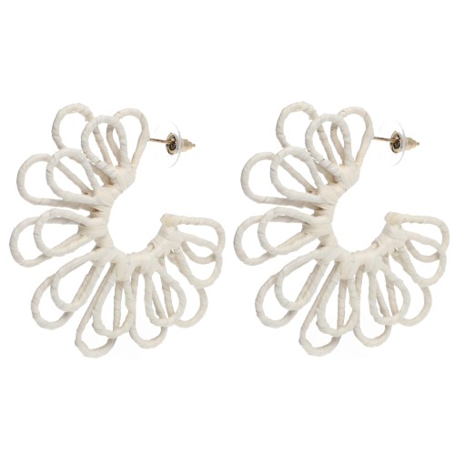 Wire flower hoop earrings—3D design—57 mm in raffia—Ecru (2 pairs)