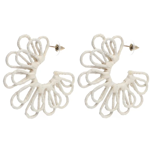 Wire Flower Hoop Earrings - 3D Design - 57 mm in Raffia - Ecru x2