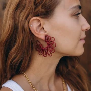 Wire Flower Hoop Earrings - 3D Design - 57 mm in Raffia - Orange (2-pack)