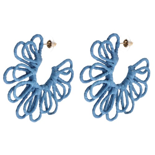 Wire flower hoop earrings - 3D design - 57 mm in raffia - Blue (2 pairs)