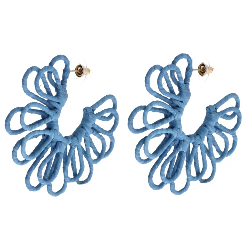 Wire Flower Hoop Earrings - 3D Design - 57 mm in Raffia - Blue x2