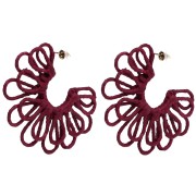 Wire flower hoop earrings—3D design—57 mm in raffia—Burgundy x2
