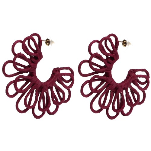 Wire flower hoop earrings—3D design—57 mm in raffia—Burgundy x2