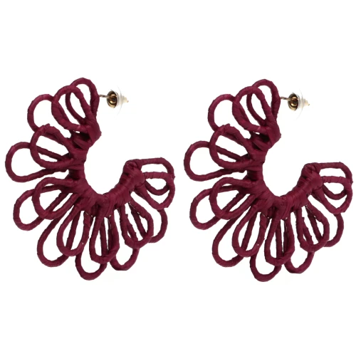 Wire flower hoop earrings—3D design—57 mm in raffia—Burgundy x2