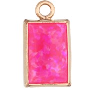 9x5 mm Rectangular Charm with Hot Pink Opal Cabochon Imitation, Gold filled (Laminated Gold) x1