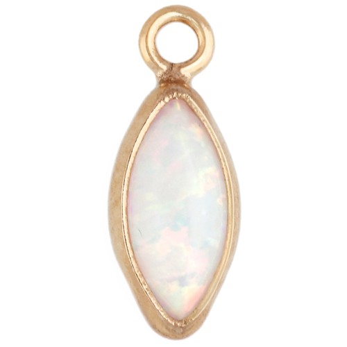 9x4 mm navette-shaped charm with imitation white opal cabochon, Gold Filled (laminated gold) x1