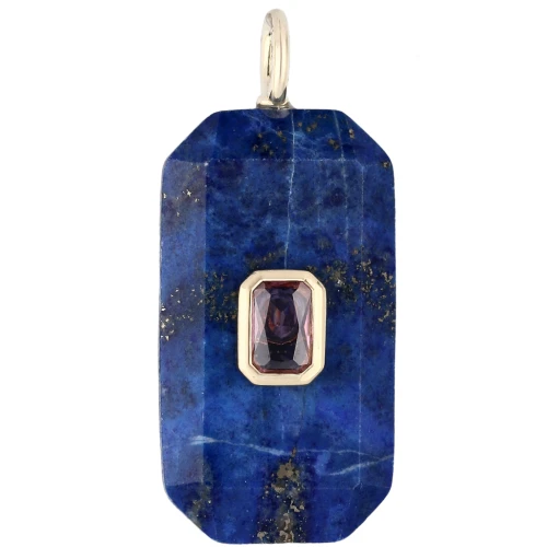 Rectangular Pendant, 34x15 mm, Gemstone and CZ - Lapis Lazuli - Pink or Purple