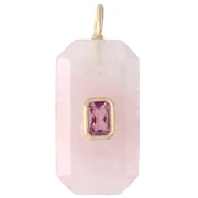 Rectangular Pendant, 34x15 mm, Gemstone and CZ - Rose Quartz - Pink or Purple