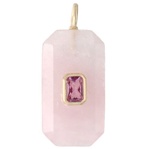 Rectangular Pendant, 34x15 mm, Gemstone and CZ - Rose Quartz - Pink or Purple