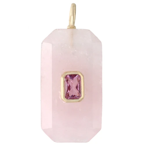 Rectangular Pendant, 34x15 mm, Gemstone and CZ - Rose Quartz - Pink or Purple