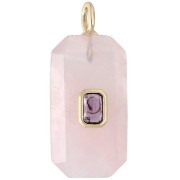 Rectangular Pendant, 34x15 mm, Gemstone and CZ - Rose Quartz - Pink or Purple