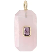 Rectangular Pendant, 34x15 mm, Gemstone and CZ - Rose Quartz - Pink or Purple