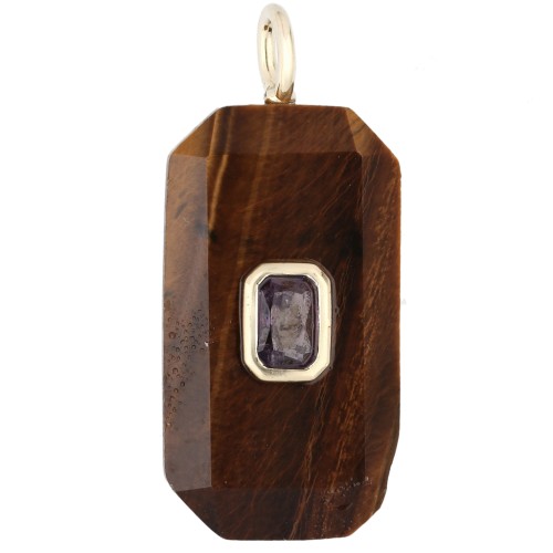 Rectangular Pendant, 34x15 mm, Gemstone and CZ - Tiger's Eye - Pink or Purple