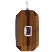 Rectangular Pendant, 34x15 mm, Gemstone and CZ - Tiger's Eye - Pink or Purple