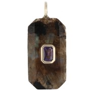 Rectangular Pendant, 34x15 mm, Gemstone and CZ - Labradorite - Pink or Purple