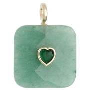 33x25 mm faceted square pendant made of gemstone and a CZ heart - Aventurine x1
