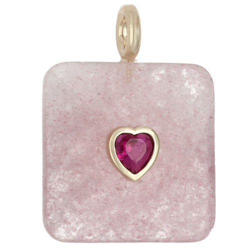 33x25 mm faceted square pendant made of gemstone and a CZ heart - Strawberry Quartz