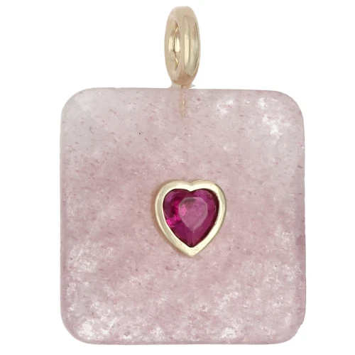 33x25 mm faceted square pendant made of gemstone and a CZ heart - Strawberry Quartz