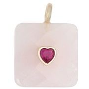 33x25 mm faceted square pendant made of gemstone and a CZ heart - Rose Quartz x1
