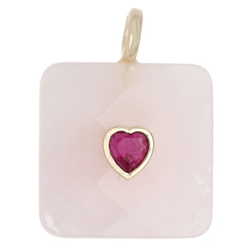 33x25 mm faceted square pendant made of gemstone and a CZ heart - Rose Quartz x1