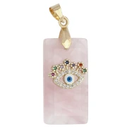 Rectangular Pendant, 25x13 mm, Gemstone, CZ Eye, and Epoxy Resin - Rose Quartz
