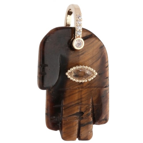 Fatma's Hand Pendant, 27x17 mm, Gemstone and Zirconium Oxides, Tiger's Eye