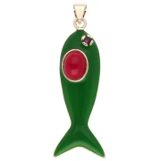 Fish Pendant, 39x11 mm, Epoxy Resin and Zirconium Oxide - Green - Red x1