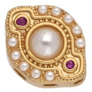 Ethnic navette bead, 12x9 mm, multi-holed, mother-of-pearl and CZ cabochons - Fine gold plated|raw }}