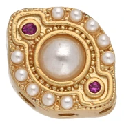 Ethnic navette bead, 12x9 mm, multi-holed, mother-of-pearl and CZ cabochons - Fine gold plated