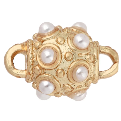 Ethnic spacer, 13x8 mm, with mother-of-pearl cabochons - Fine gold plated - White x1
