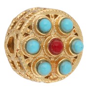 11 mm ethnic-style round bead with imitation gemstones - Fine gold plated x1|raw }}