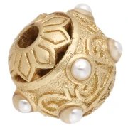 9 mm ethnic-style round bead with mother-of-pearl cabochons - Fine gold plated - White x1