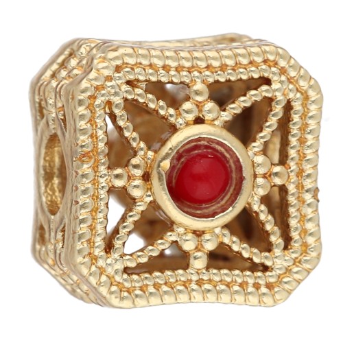 8.5 mm square bead with gemstone-style cabochons - Fine gold plated x1