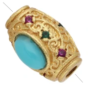 10x6 mm olive-colored bead with imitation gemstone cabochon and CZ - Fine gold plated x1