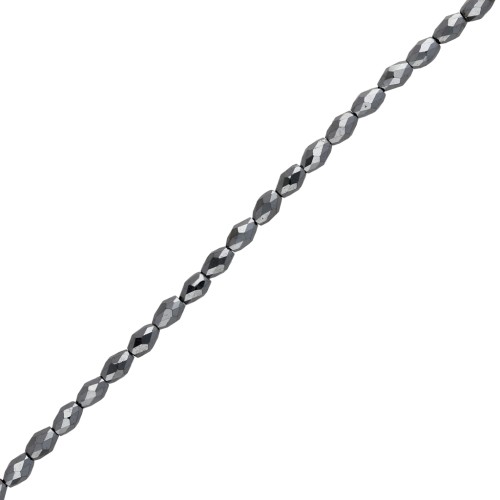 Faceted olive-shaped beads, 5x3 mm, hematite imitation, 39 cm