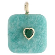 33x25 mm faceted square pendant made of gemstone and a CZ heart - Amazonite x1