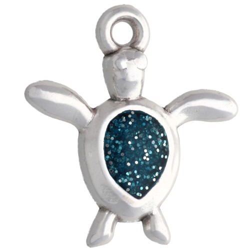Turtle Charm 18.5 x 17 mm - Antique fine silver plated - Teal Blue x1
