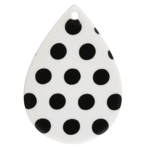 31x22 mm acetate teardrop pendant - polka dot pattern - White - Black x1