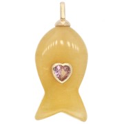 Fish pendant, 29x13 mm, with CZ heart and dyed gemstone - Yellow jade x1