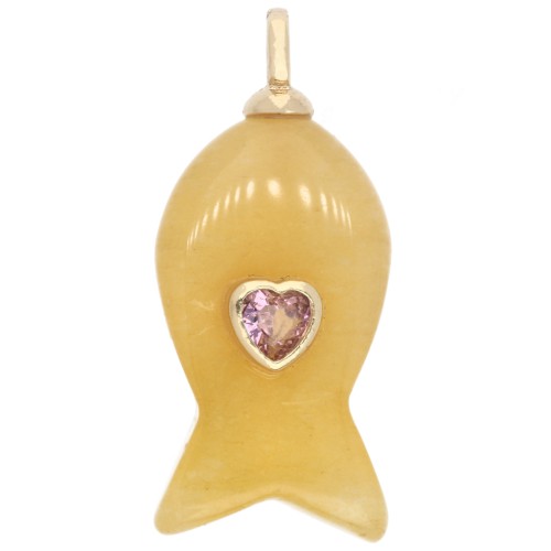 Fish pendant, 29x13 mm, with CZ heart and dyed gemstone - Yellow jade x1